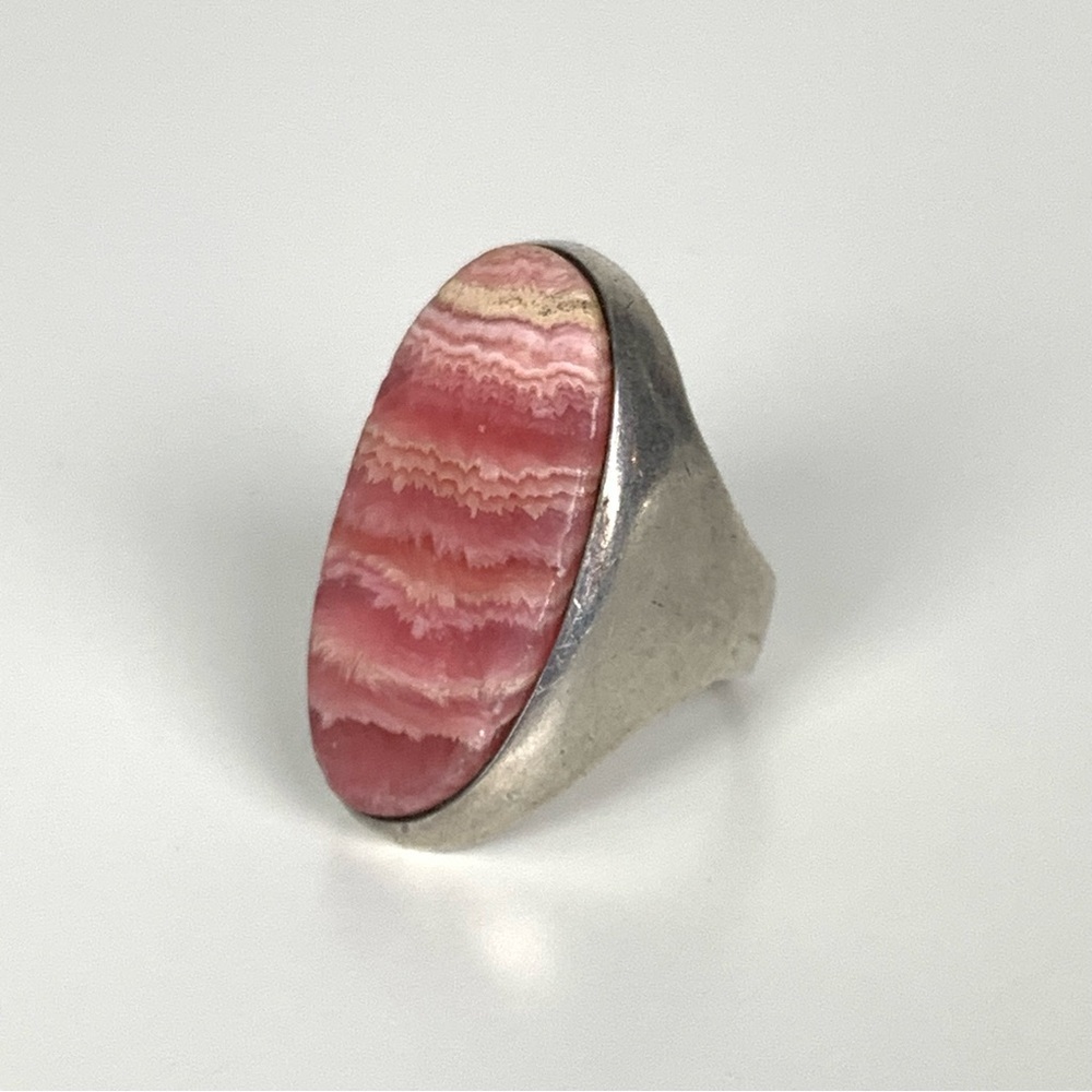 Sterling Silver Ring Pink Rhodochrosite Oval Stone Vtg Stamped Arg 925 Sz 7.5